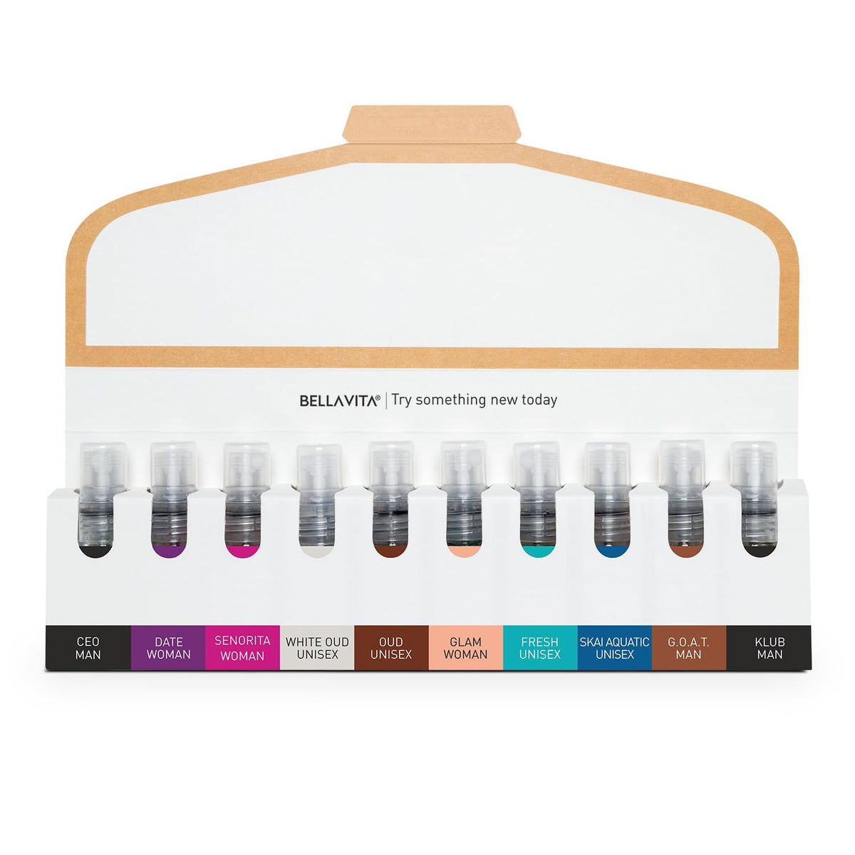 Bellavita perfume sample set with various scents on a white background