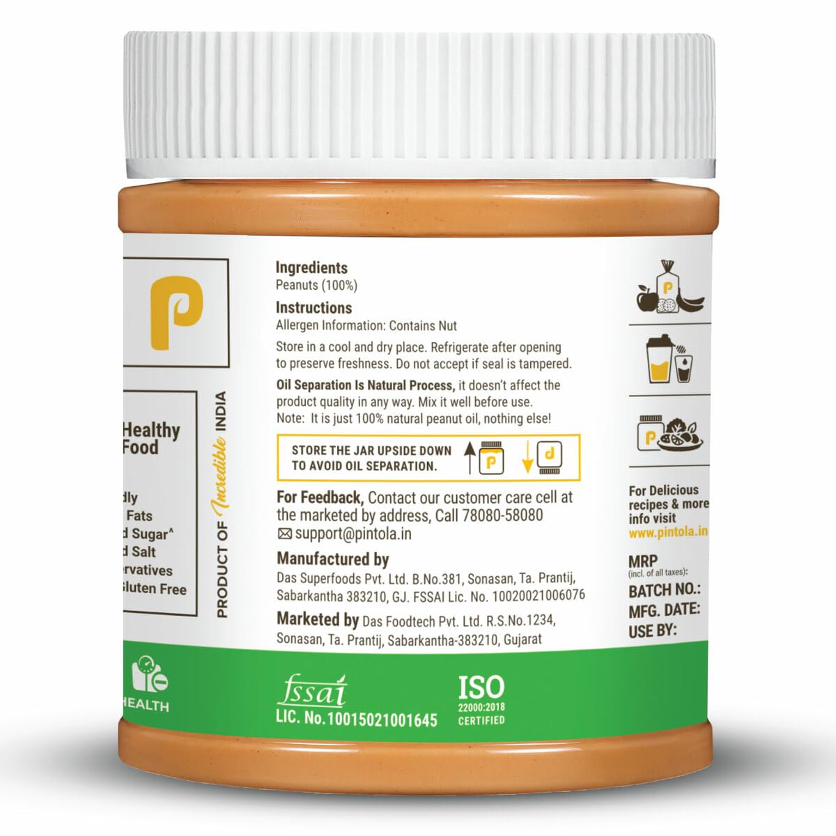 Pintola All Natural Peanut Butter Creamy 350g | Smooth | Unsweetened | 30g Protein | Gluten & Cholesterol Free, Vegan Peanut Butter, Nut Butter, High in Protein Spread, 100% Roasted peanuts butter