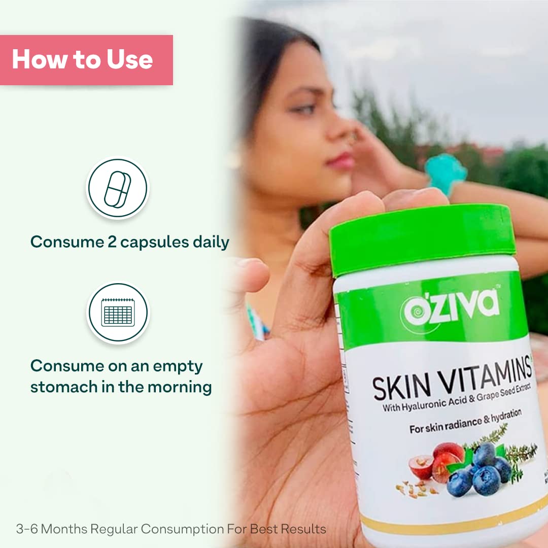 OZiva Skin Vitamins 60 Capsules for Men & Women (with Hyaluronic Acid, Vitamin E & C for Radiant Skin & Hydration, Certified Clean & Vegan, 50 grams