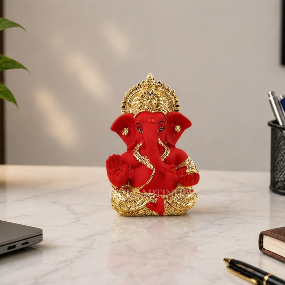 Gold Art India Gold and Silver Plated Gold and Orange Ganesh Idol for Car Dashboard Ganesha Murti Ganpati Idol for Home Decor Puja Lord Ganesh Statue Gift for Office Desk Puja Room Figurine
