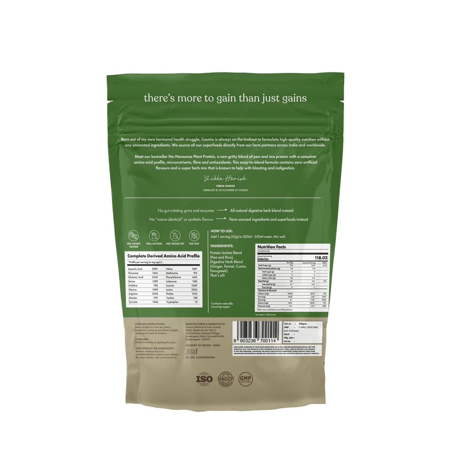 Cosmix No-Nonsense Plant Protein | 26 Protein/Serve, 500g Pouch | Classic Unflavoured | Plant Based Protein, Pea & Rice Isolate | Clean, Easy to Digest | All Essential Amino Acids