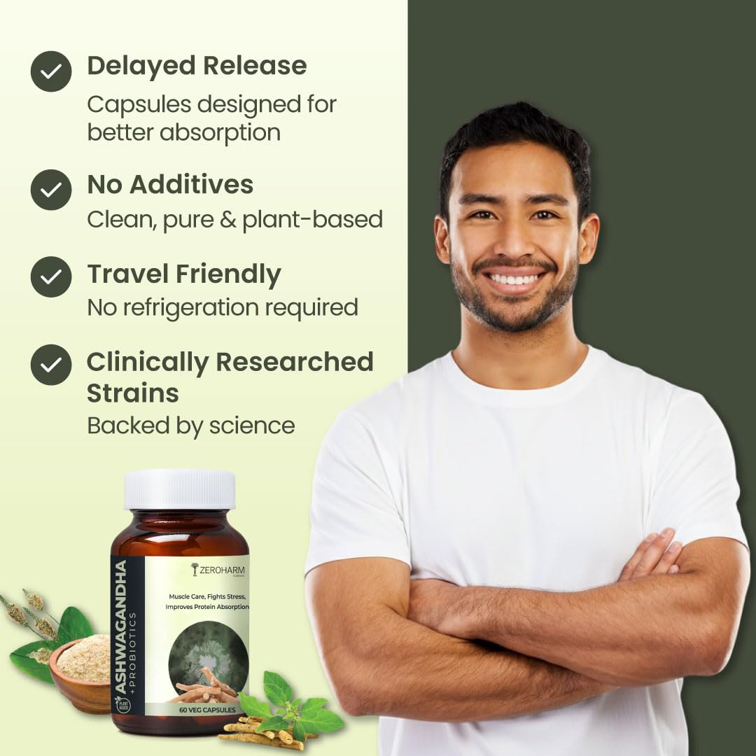 ZEROHARM Ashwagandha Probiotic Supplement | Prebiotics for Gut Health, Stress Balance, Muscle Support & Protein Absorption | 100 Billion CFU, Psyllium Husk | For Men & Women | 60 Veg Capsules