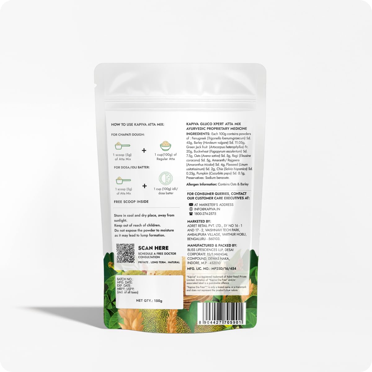 Kapiva Dia Free Gluco Xpert Atta Mix, 150g | Helps Manage Sugar Levels | Methi, Barley, Chia Seeds, Jackfruit & 6 More