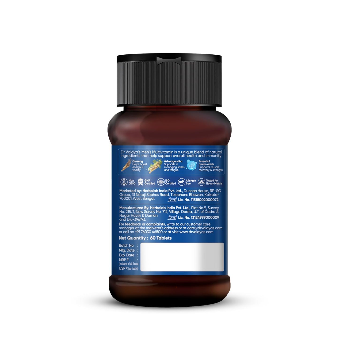 Dr. Vaidya’s Men’s Multivitamin Tablet | Natural Multivitamin for Men Enriched with Ayurvedic Herbs | Goodness of Vitamin C tablets, Vitamin D, Calcium, Vitamin D3, and Magnesium Supplement | 60 Tablets
