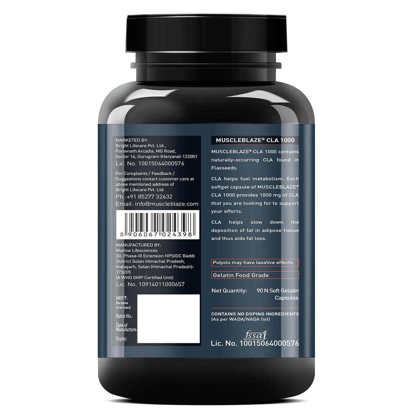 MuscleBlaze CLA 1000 (90 Softgel Capsules) | Fat Burner, Supports Weight Loss | Fuels Metabolism
