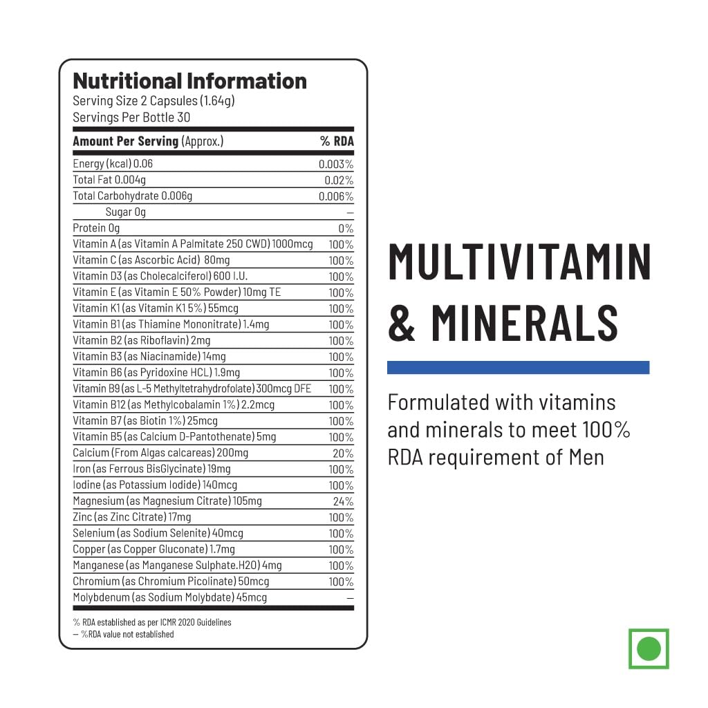 Zephivo Unived Basics Multivitamin & Minerals Capsule for Men | 100% RDA of all Vitamins with Algae Calcium & Plant-Based Vitamin D3 plus Important Minerals | Complete formulation for Health & Wellbeing