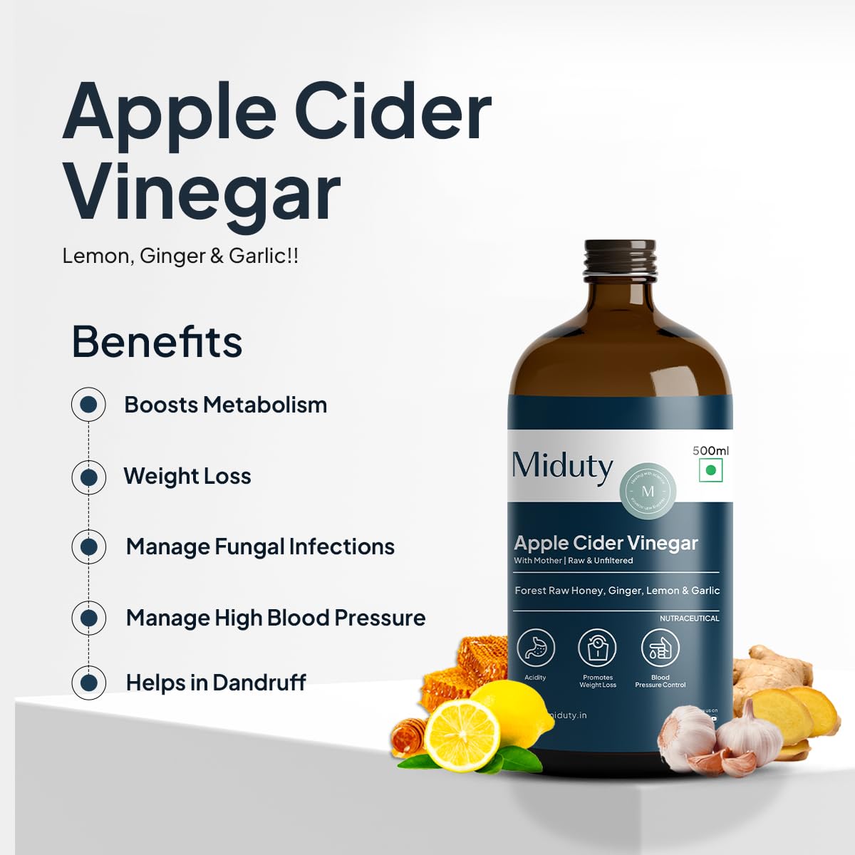Zephivo Miduty Palak Notes Apple Cider Vinegar | Apple Cider Vinegar supplement | Weight loss Supplement | Apple Cider Vinegar syrup | Digestive enzyme Supplement (Honey, Ginger, Lemon, Garlic)