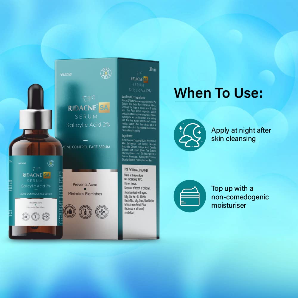 RIDACNE SA SERUM WITH SALICYLIC ACID 2%, ALOE VERA & GREEN TEA EXTRACT - Acne Control Face Serum | Reduces Blackheads and Whiteheads | Minimizes Blemishes | Prevents Acne, 30ml