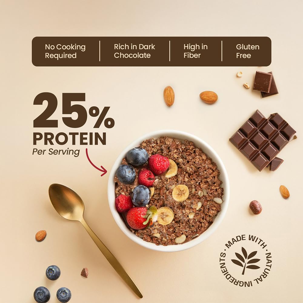 PINTOLA 25g High Protein Oats 400g, Dark Chocolate,No Refined Sugar, with Almonds Raisin, Pumpkin and Chia Seeds, 8g Fibre, Rolled Oats for weight loss, Breakfast Cereals | Gluten Free