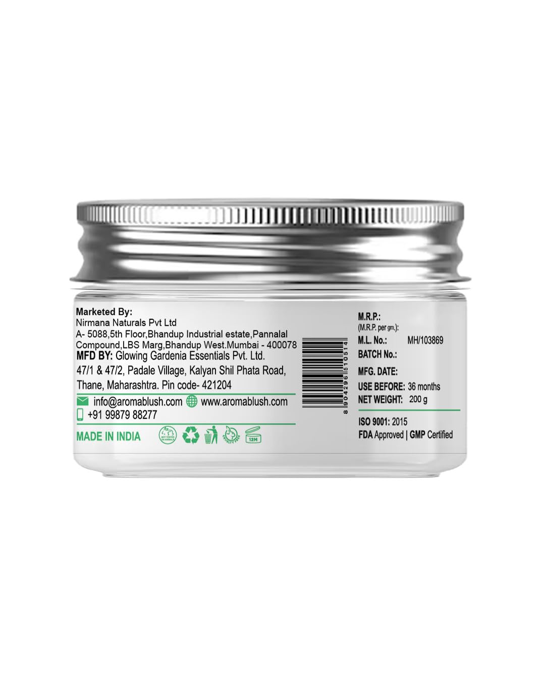 Back view of a cosmetic jar with branding and product details on a white background