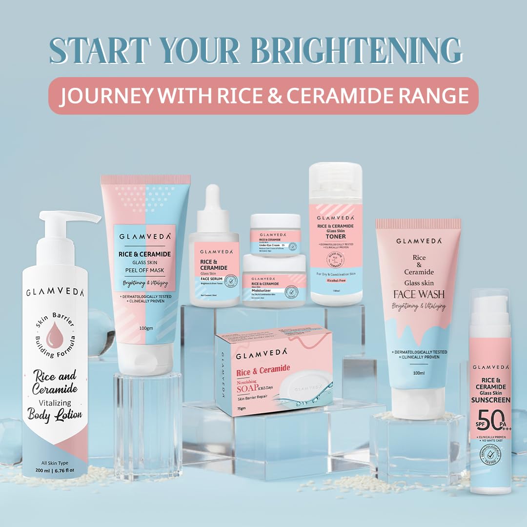 Glamveda Rice & Ceramide Skin Brightening Soap with Hyaluronic Acid | Deeply Nourishes & Moisturised | Soft & Smooth Skin | Soap for Men & Women | 75 g (Pack of 1)