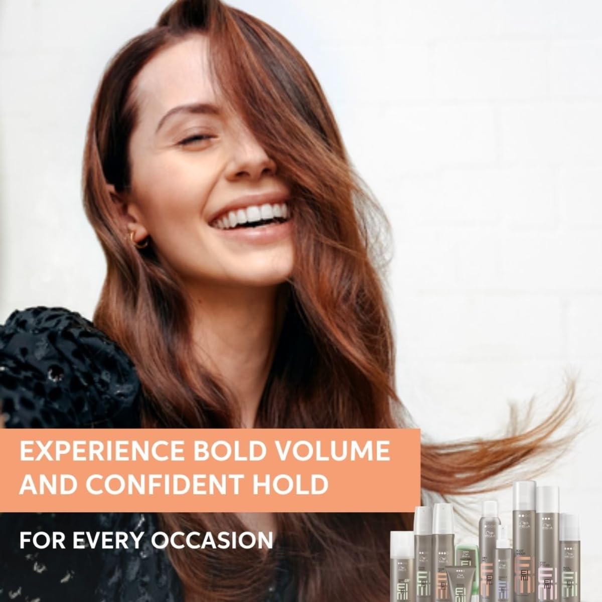 Woman with styled hair and hair care products with text about bold volume and confident hold.