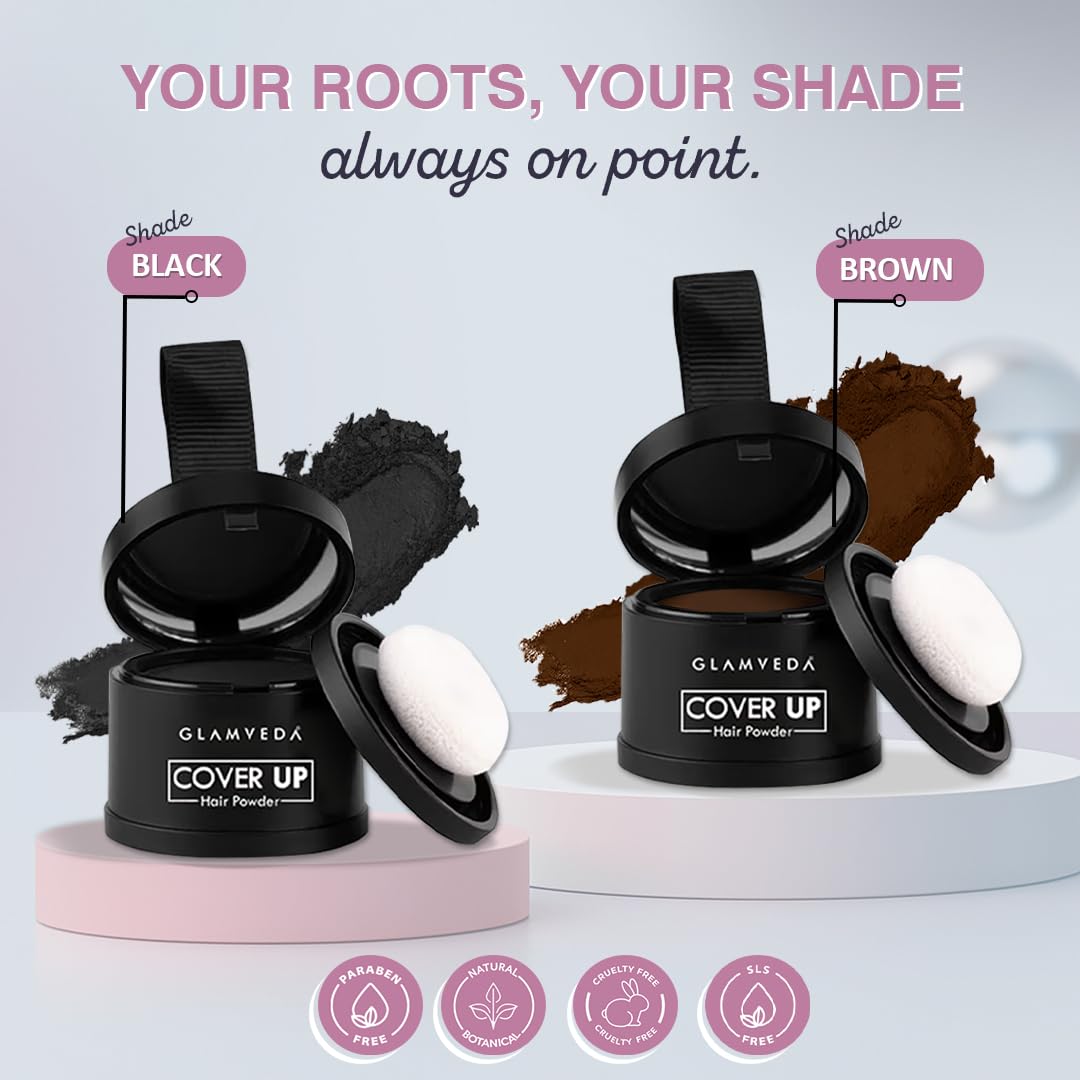 Glamveda Cover-Up Hair Powder Black | Instantly Covers Grey Roots, Bald Spots & Thinning Hair | Hairline Filler for Fuller & Denser Looking Hair | Highly Pigmented Matte Finish | Long-Lasting Coverage | 4g