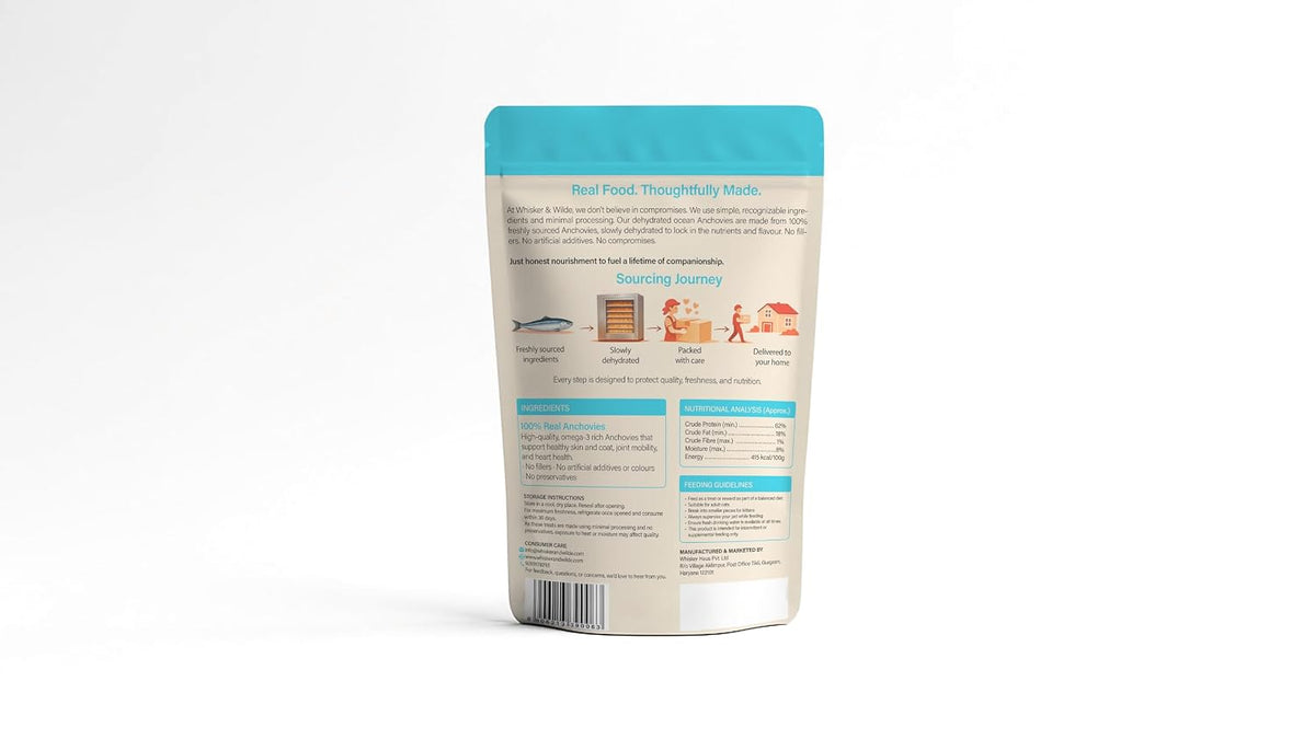 Whisker and Wilde Dehydrated Anchovies | Cat Treats | Natural Taurine & Omega-3 | Heart Health & Silky Coat | Training and Reward | Dental Chew | Human-Grade | No Preservatives | 70g