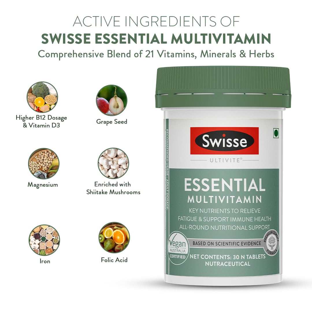 Zephivo Swisse Essential Multivitamin For Men & Women, 30 Tablets - Vegan Certified Multivitamin with 100% RDA of Vitamin B, Vitamin E, Biotin & Minerals - Australia's No. 1 Multivitamin Brand