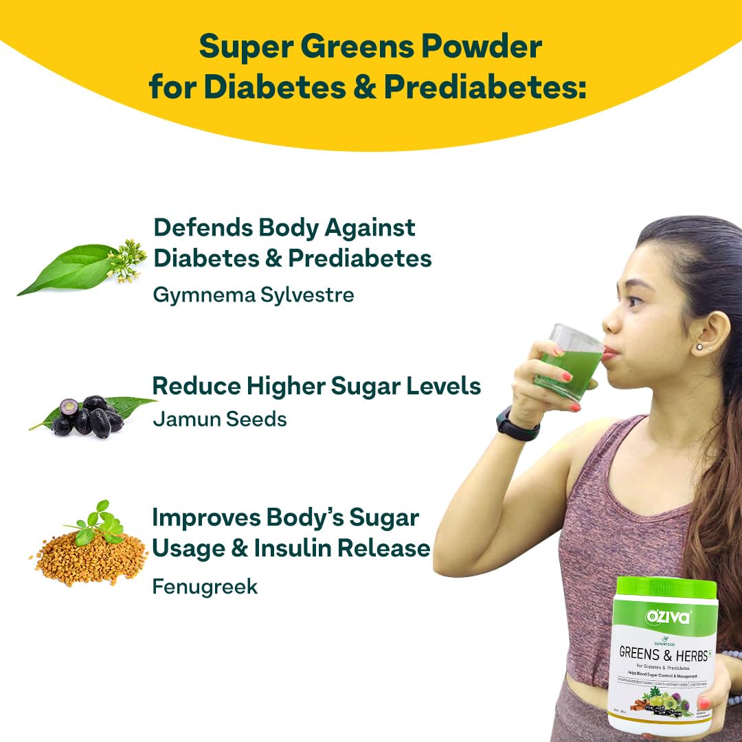 OZiva Superfood Greens & Herbs for Diabetes and Prediabetes Powder, 200g| OZiva Greens & Herbs for Sugar Control and Diabetes Management (with Moringa, Milk Thistle, and Fenugreek)