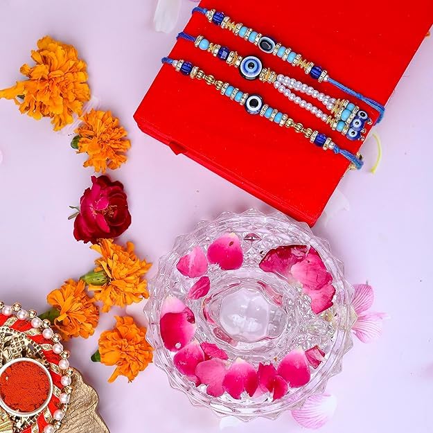 SAUDEEP INDIA Feng Shui Crystal Tortise with Plate for Good Luck with Evil Eye Lumba/Couple Rakhi Set Brother Bhabhi | Turtle for Vastu Home Decor(1 Lumba, 2 Brother)