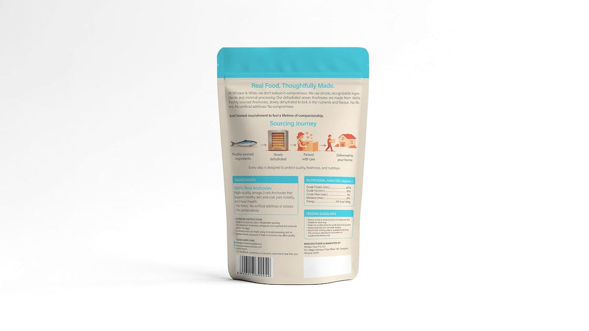 Whisker and Wilde Dehydrated Anchovies | Dog Treats | Omega-3 Rich | Skin, Coat & Joint Health | Training and Reward | Human-Grade | No Preservatives | 70g