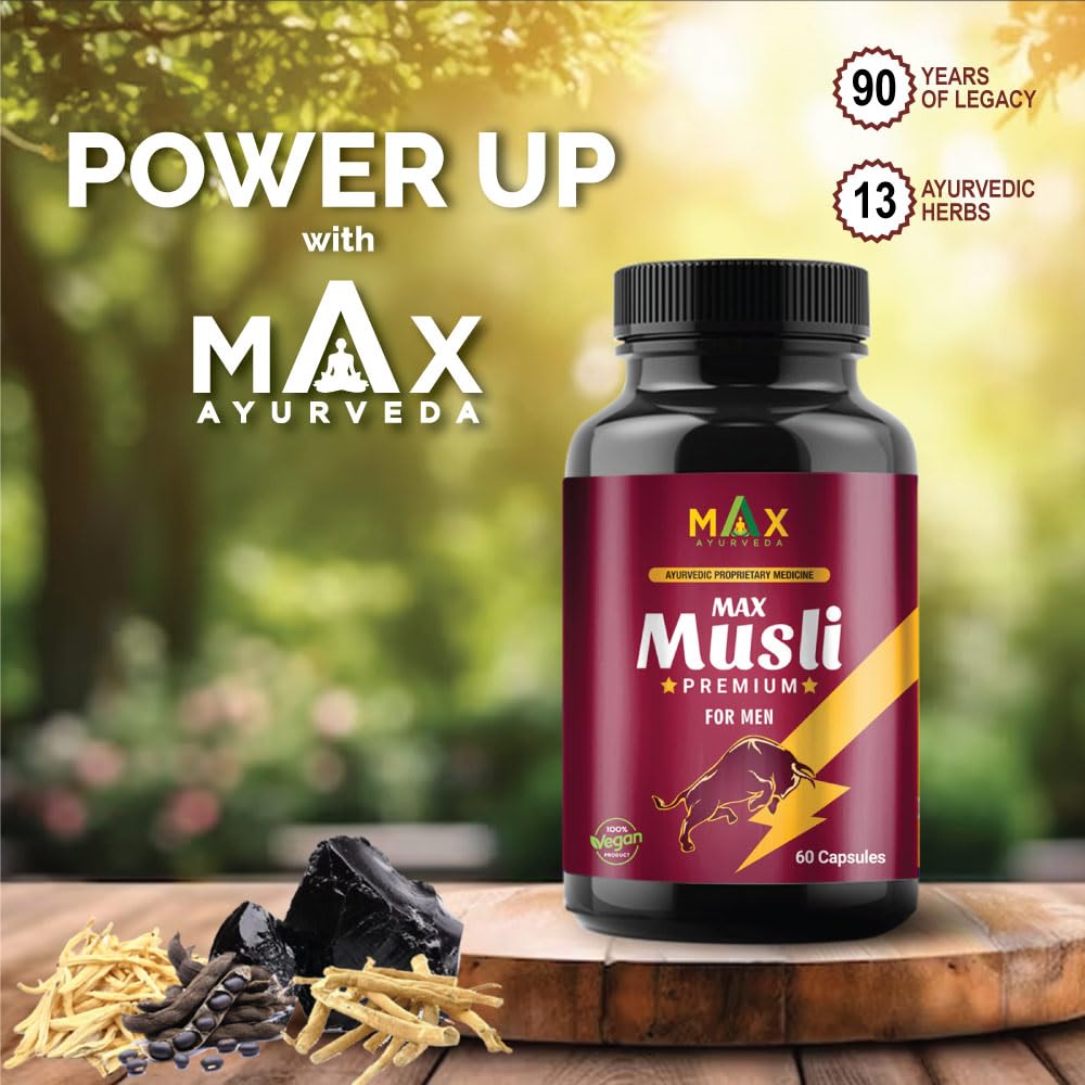 Max Ayurveda Musli Premium Capsules & King Power Ayurvedic Herbal Massage Oil For Men - Combo Pack (30 Capsules + 1 Oil Bottle)
