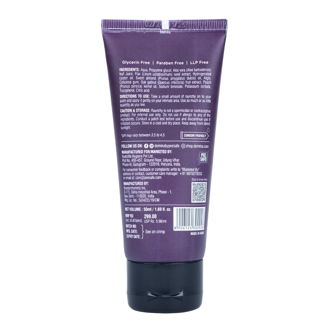 Domina Raunchy Natural Lubricant Gel | 50 ml | pH Balanced| Water-Based | Glycerine Free | Non-Sticky | Lube For Men & Women | Compatible With Condoms And Silicone Toys