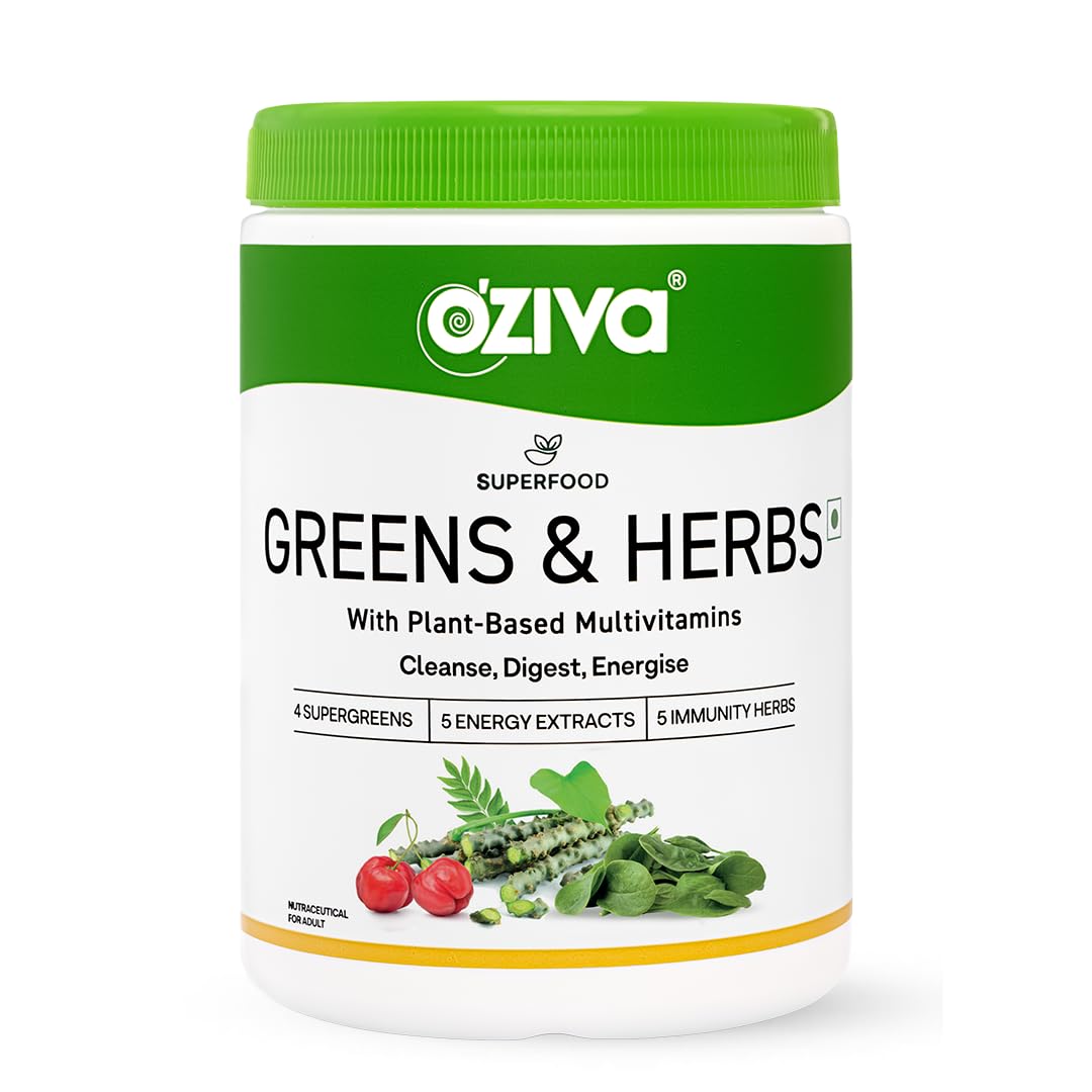 OZiva Superfood Greens & Herbs for Acne Control, Skin Health & Digestion | Daily Greens and 35+ Superfoods, Herbs, Chlorella & Moringa, 200 g