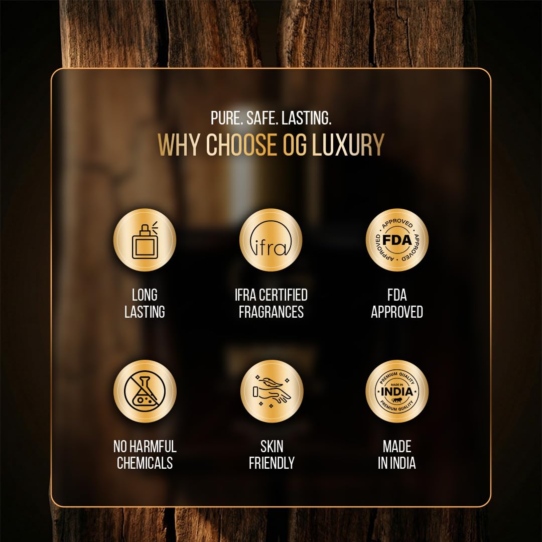 Promotional card for OG Luxury with certification badges on a wooden background