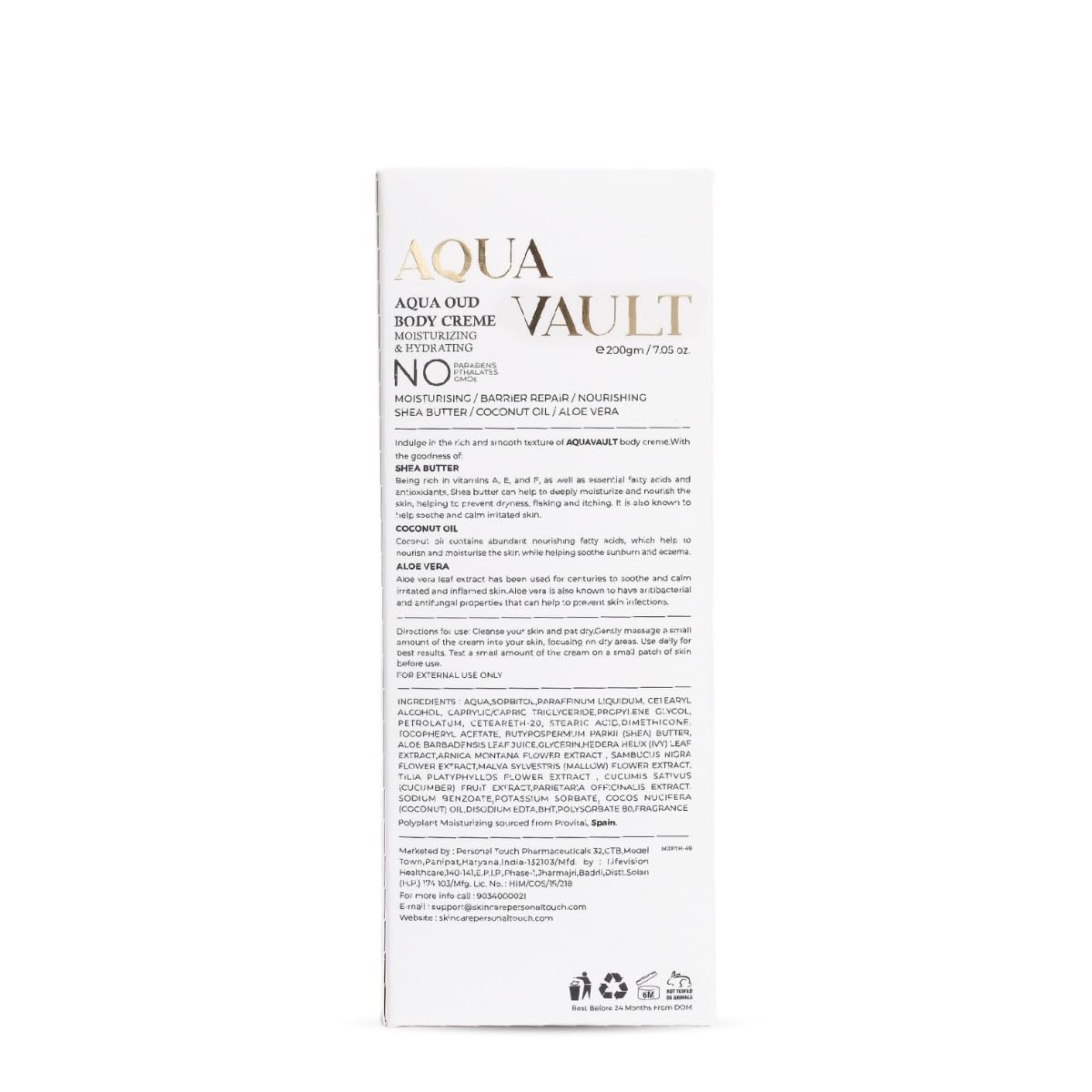 PERSONAL TOUCH SKINCARE Aqua Vault Aqua Oudh Hydrating Body Cream with Essential Vitamins A, E & Fatty Acids Combined with the Goodness of Shea Butter, 200ml