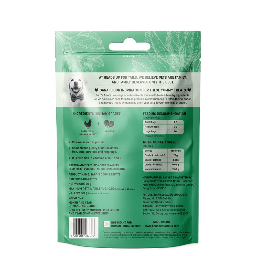 Heads Up For Tails Sara's Dog Treats (Chicken Jerky With Spinach) - 70 G, All Life Stages, Dry