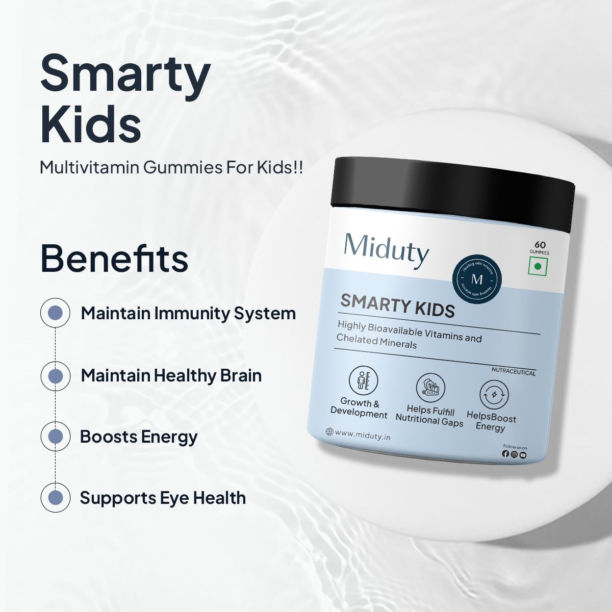Zephivo Miduty by Palak Notes Smarty Kids Multivitamin Multimineral, B Complex, Vitamin C, Vitamin A & Active Immunity For Picky Eaters No Fructose Corn Syrup No Preservatives - Natural Flavor - Pack of 60
