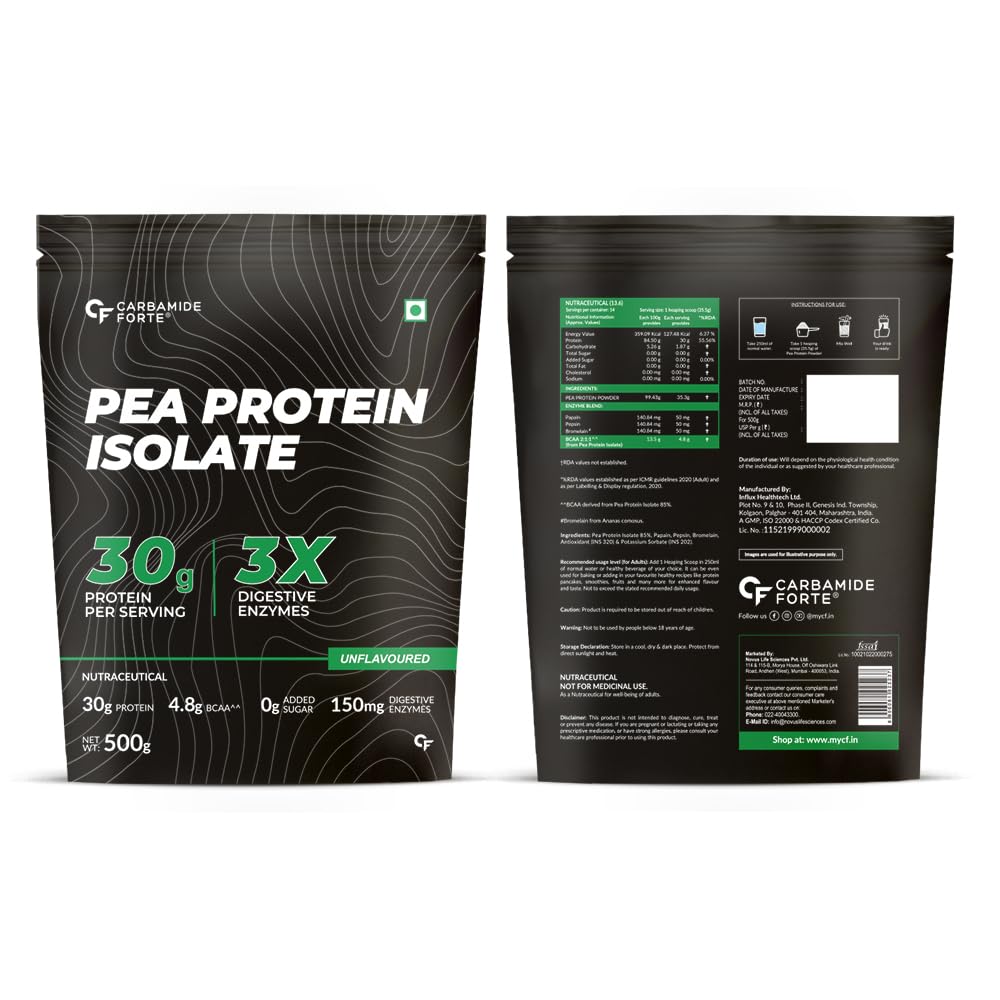 Carbamide Forte Pea Protein Isolate 30Grams Per Serving | Plant Based Protein Powder Isolate With 4.8G BCAA | Unflavoured Plant Pea Protein Powder - 500Grams