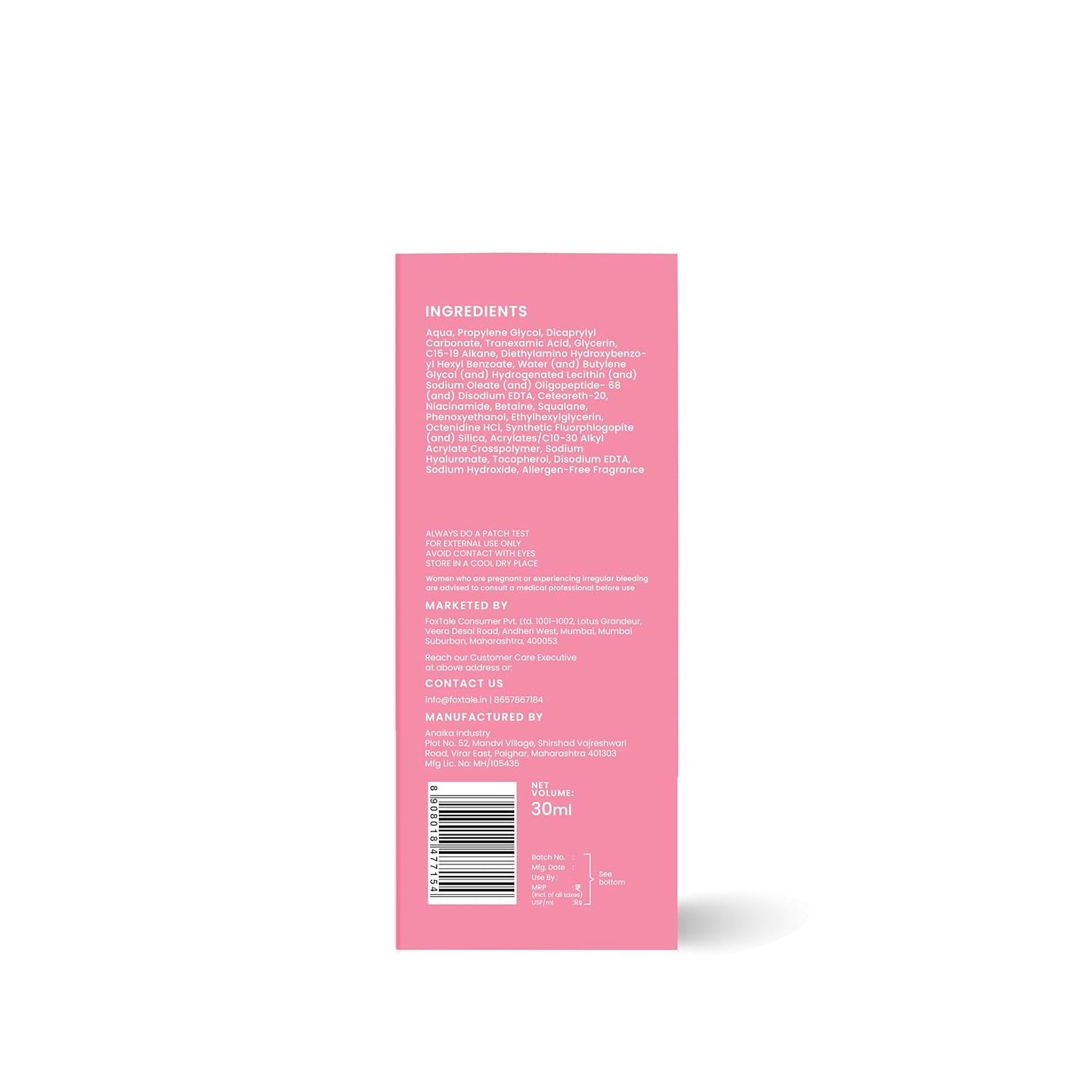 Foxtale 3% Tranexamic Acid Face Serum with Peptides & Niacinamide for Hyperpigmentation, Reduces Marks & Dark Spots, Evens Out Skin Tone, All Skin Types, Men and Women - 30 ml