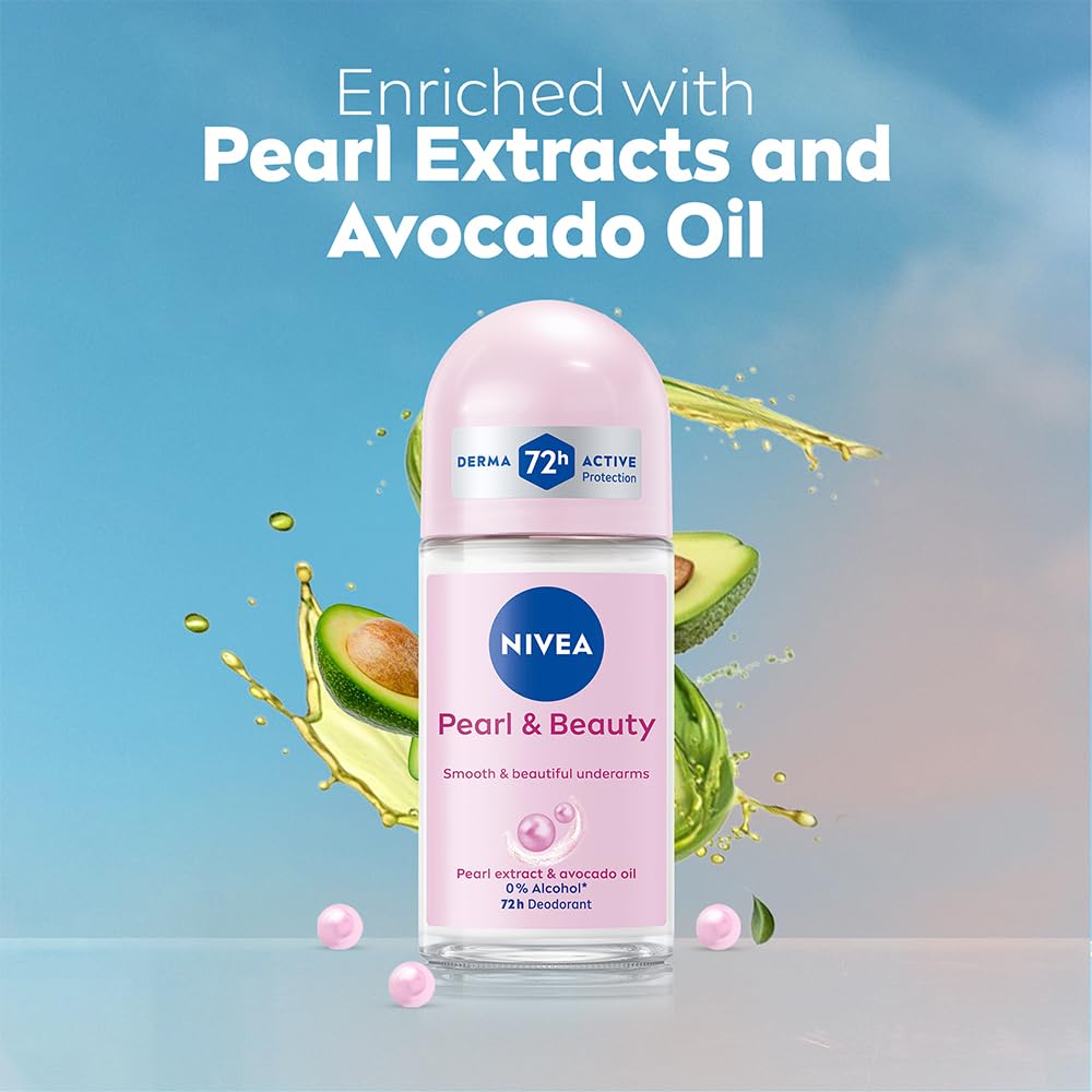 NIVEA Pearl and Beauty 50ml Deo Underarm Roll On | With Pearl Extracts & Avocado Oil | 72 H Long Lasting Floral Scent | 0% Alcohol and Dermat Approved | For Women