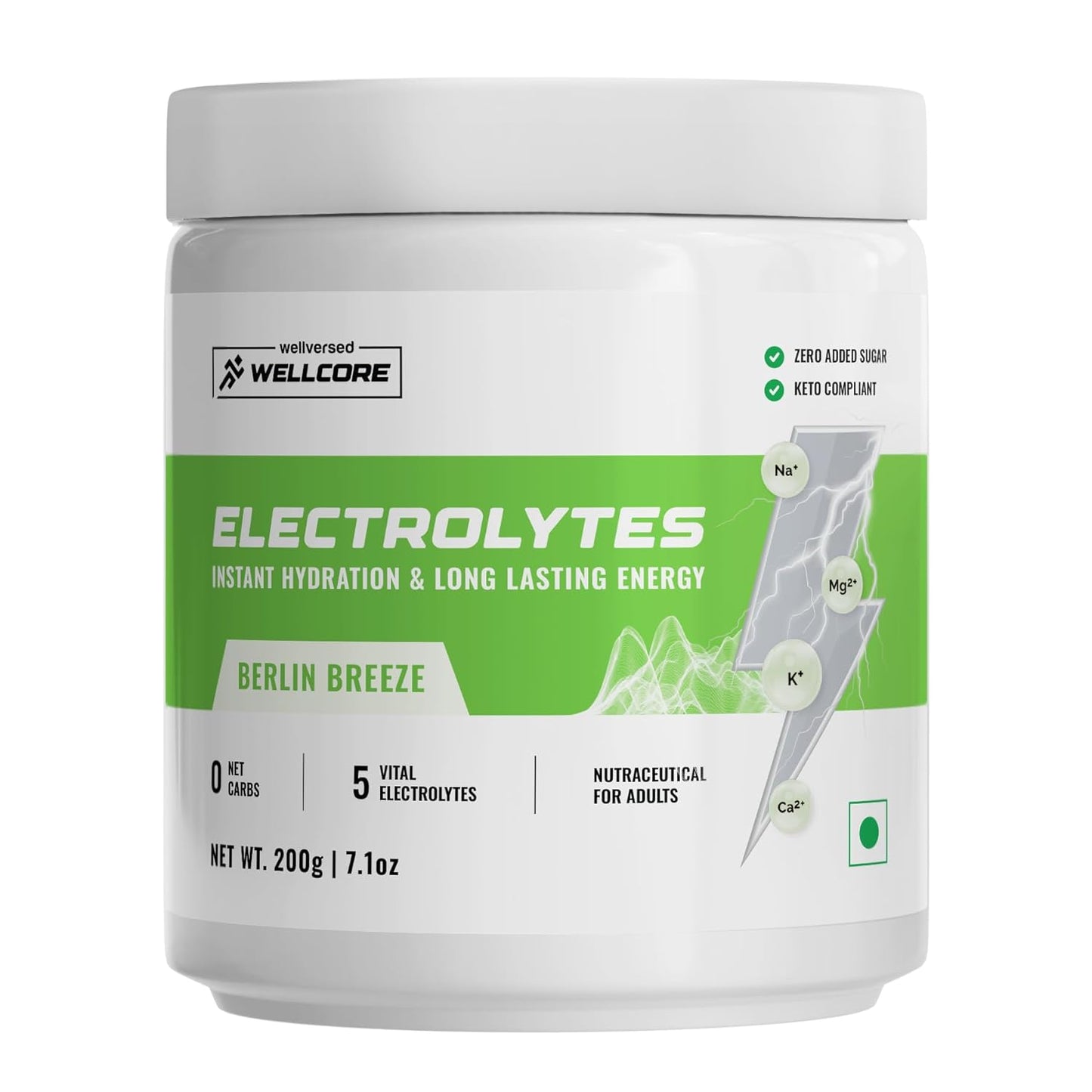 Wellcore - Electrolytes (Berlin Breeze, 200g)| Electrolyte Drink With 5 Vital Electrolytes: Na, Mg, Ca, K, PO4|Sugar Free Electrolyte Powder|Fat Fuel Powered Keto Electrolyte, 1 count, 40 servings