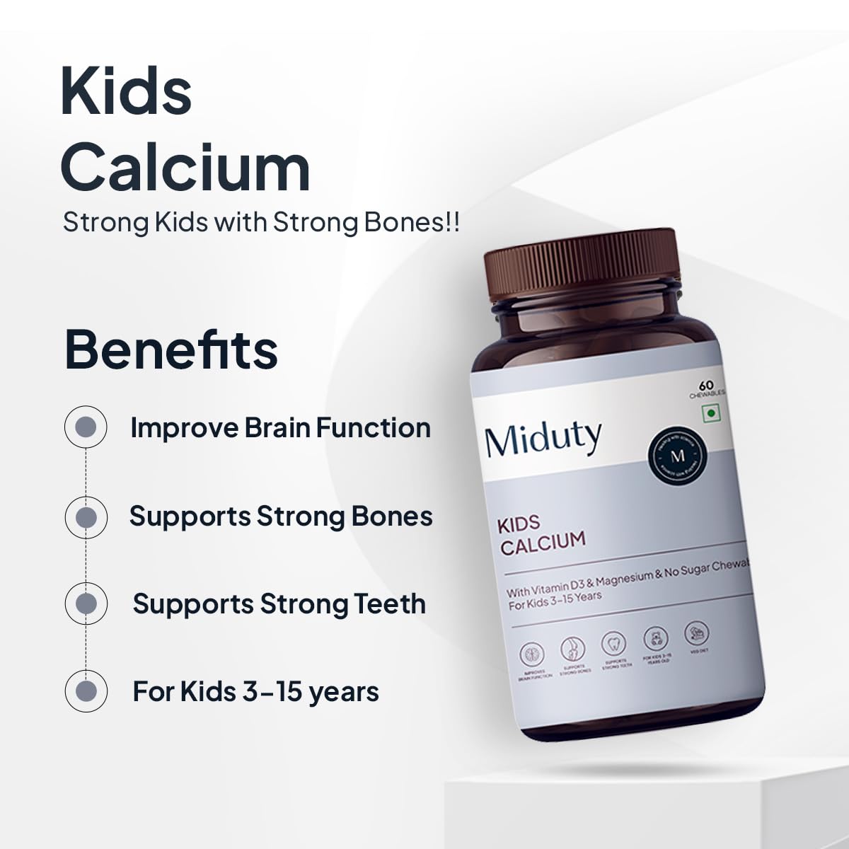 Zephivo Miduty by Palak Notes Kids Calcium with Vitamin D3 - K2 Magnesium No Sugar Added for Strong Bones, Brain Function, Immunity Booster, Strong Teeth Calcium Supplement Kids Multivitamin - 60 Chewables