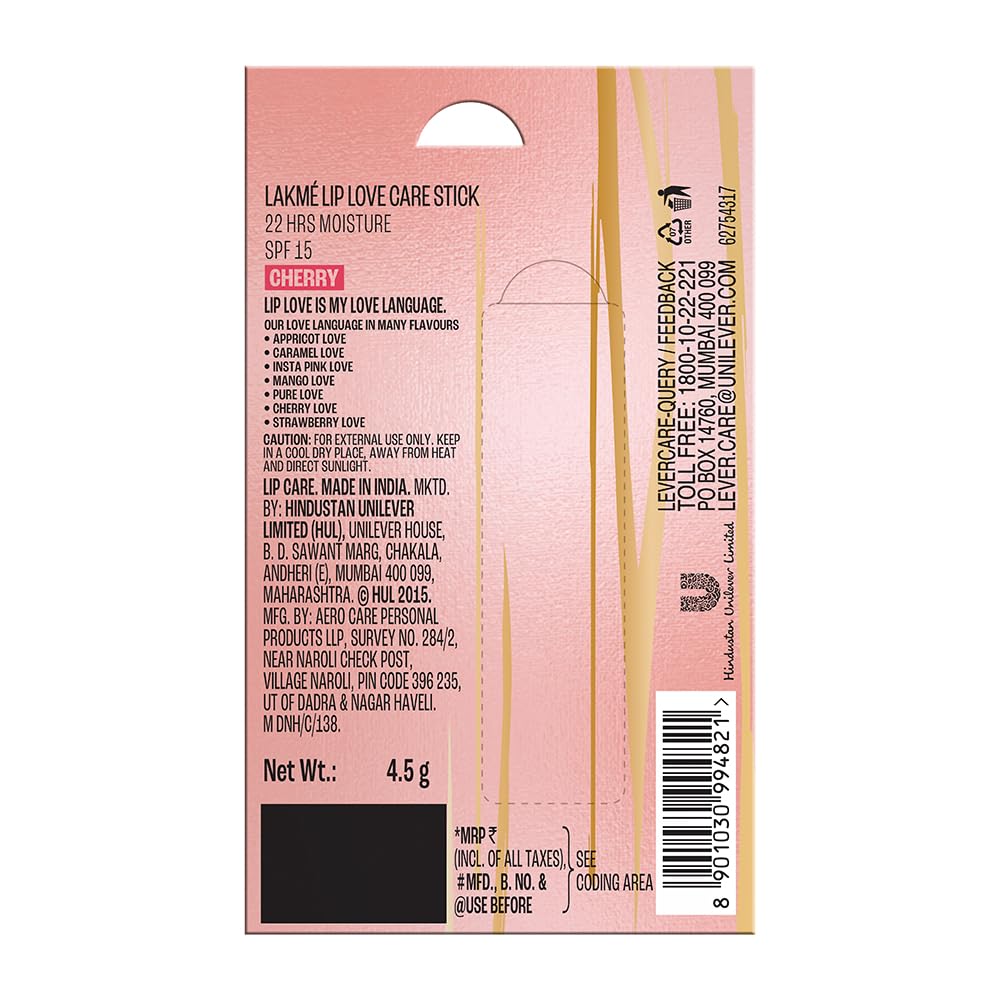 Lakme Lip Love Care Stick Cherry, with 10% Vitamin E Complex, nourished with Shea & Cocoa Butter and enriched with Almond & Jojoba Oil for 24hr moisturization in just 1 swipe, with SPF 15, 4.5g