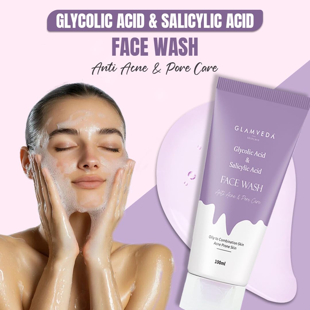 Glamveda Glycolic Acid & 0.05% ww Salicylic Acid Anti Acne face wash | For Oily & Acne Prone Skin | Oil balancing, Deep Cleansing | No Paraben, SLS | 100 ml