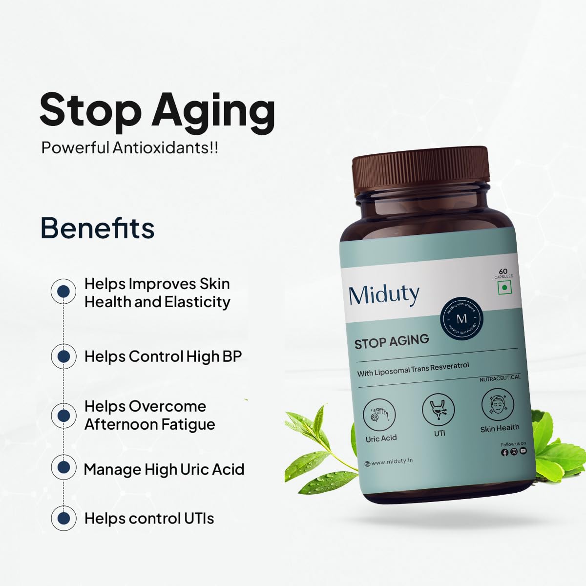 Zephivo Miduty Stop Aging Powerful Antioxidant Formula to Slow Down Aging, Anti Aging Supplement for Youthful Skin - Anti Aging Capsules, Resveratrol Active Ingredient - Pack of 60