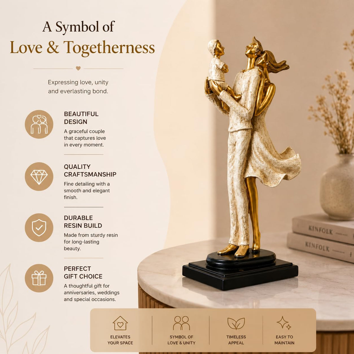 Stylish Modern Eleganct Couple Resin Romantic Figurine Statue for Home Decor (Pack of 1, Golden Brown)