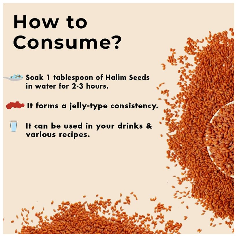 Instructions on consuming Halim Seeds with a close-up of the seeds on a beige background.