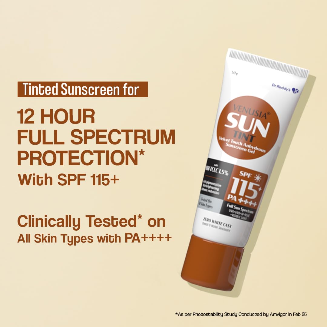 VENUSIA Dr. Reddy's Sun Tint SPF 115|India's First Sunscreen with the Highest SPF|Matte-finish|Full Spectrum 12-Hour Protection|Reduces Pigmentation|Zero White Cast|Hypoallergenic and Paraben-free|50g