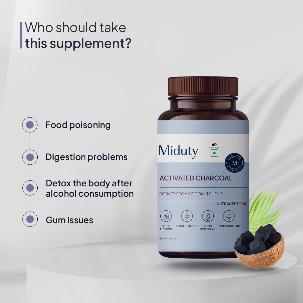 Zephivo Miduty by Palak Notes Activated charcoal, Activated coconut charcoal, Detox your body, Jet lags, Detox alcohol, Activated charcoal Pack - 60 capsules