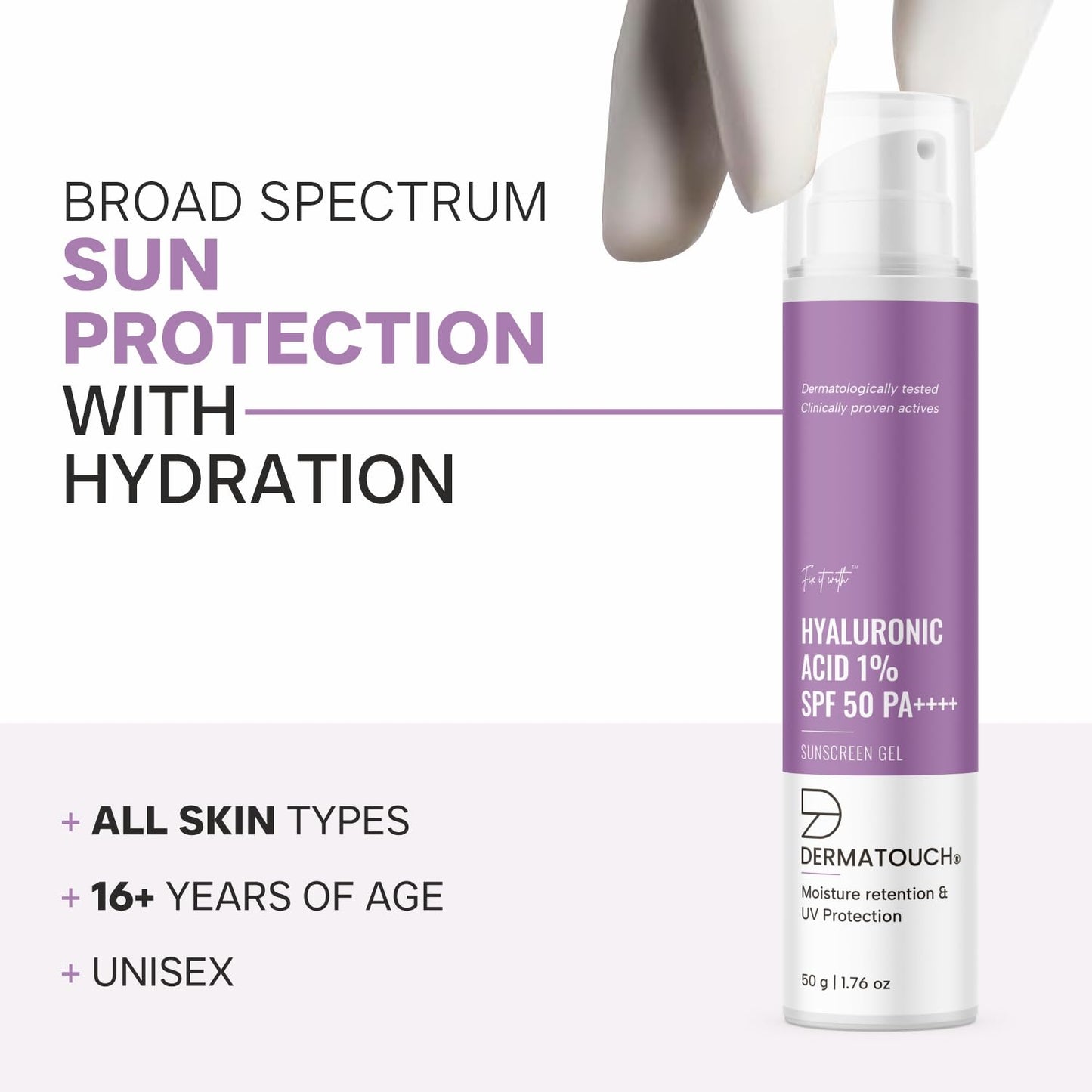 DERMATOUCH HYALURONIC ACID 1% SUNSCREEN | SPF 50 PA++++ | FOR ALL SKIN TYPES | NO WHITE CAST | 50G