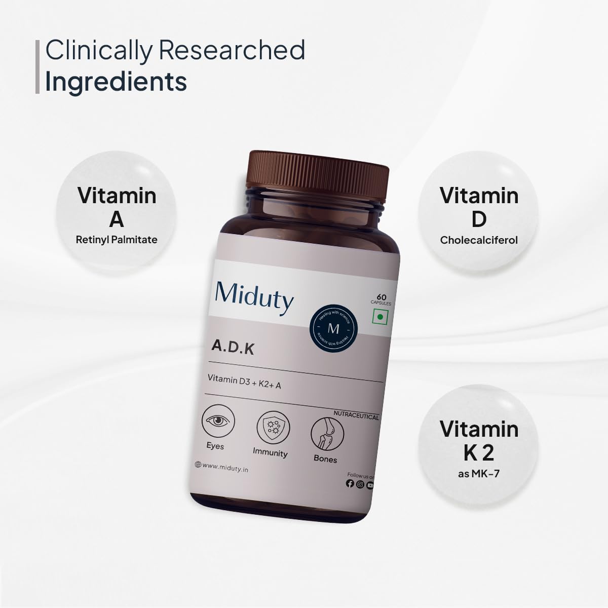 Zephivo Miduty by Palak Notes Vitamin ADK, Vitamin D3 and K2 Supplements, Cholecalciferol Vitamin D3, Boost Immunity, Stronger Bones, Vitamin ADK Supplement, Immunity Booster Capsule - 60 Capsules