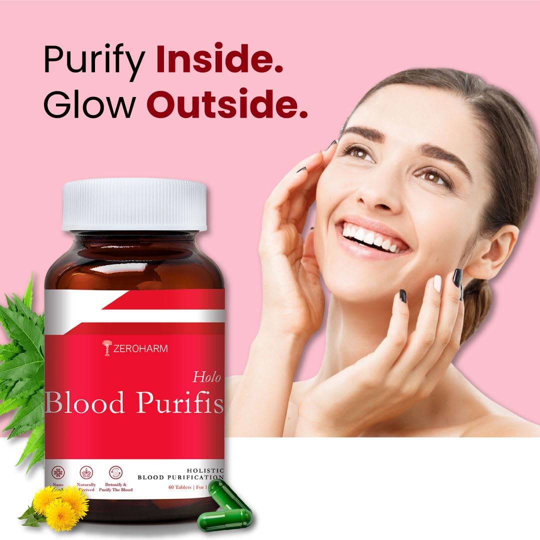 ZEROHARM Holo Blood Purifis | Ayurvedic Neem Blood Purifier with Manjistha, Dandelion | Herbal Formula for Healthy and Glowing Skin, Acne, Immunity & Liver Support for Men, Women | 60 Capsules