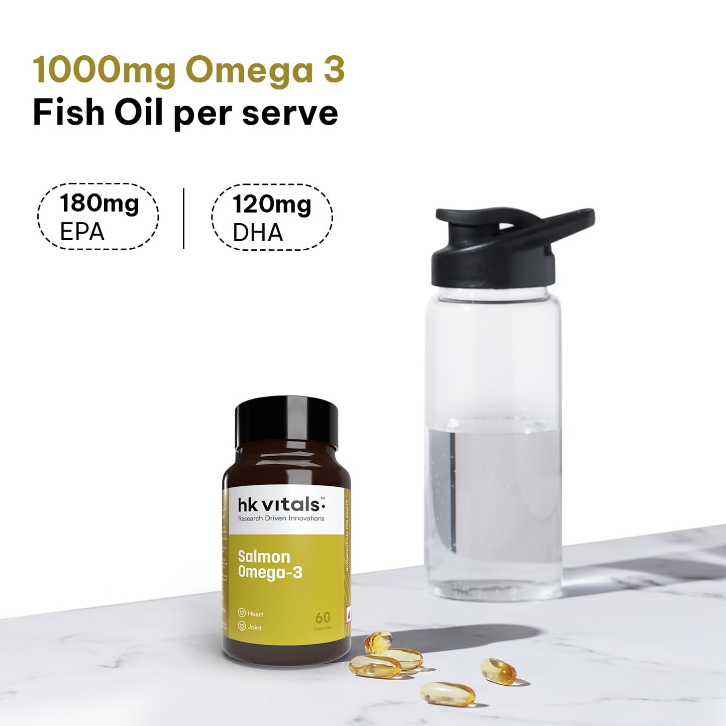 HealthKart hk vitals Salmon Omega 3 (60 Capsules) | 1000mg Omega 3 Fish Oil For Men and Women with 180mg EPA & 120mg DHA | For Joints, Brain, and Eyes Health