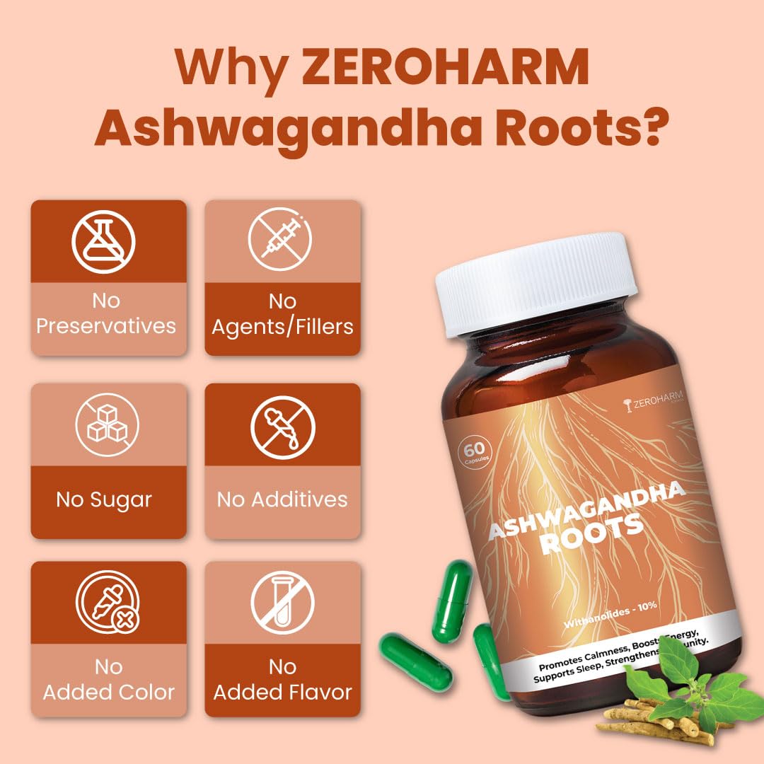 ZEROHARM Nano Ashwagandha Root Capsules with 10% Withanolides | Pure Root Extract | Supports Stress Relief, Deep Sleep & Natural Focus, Strength, Clarity | Adaptogenic for Men & Women | 60 Capsules