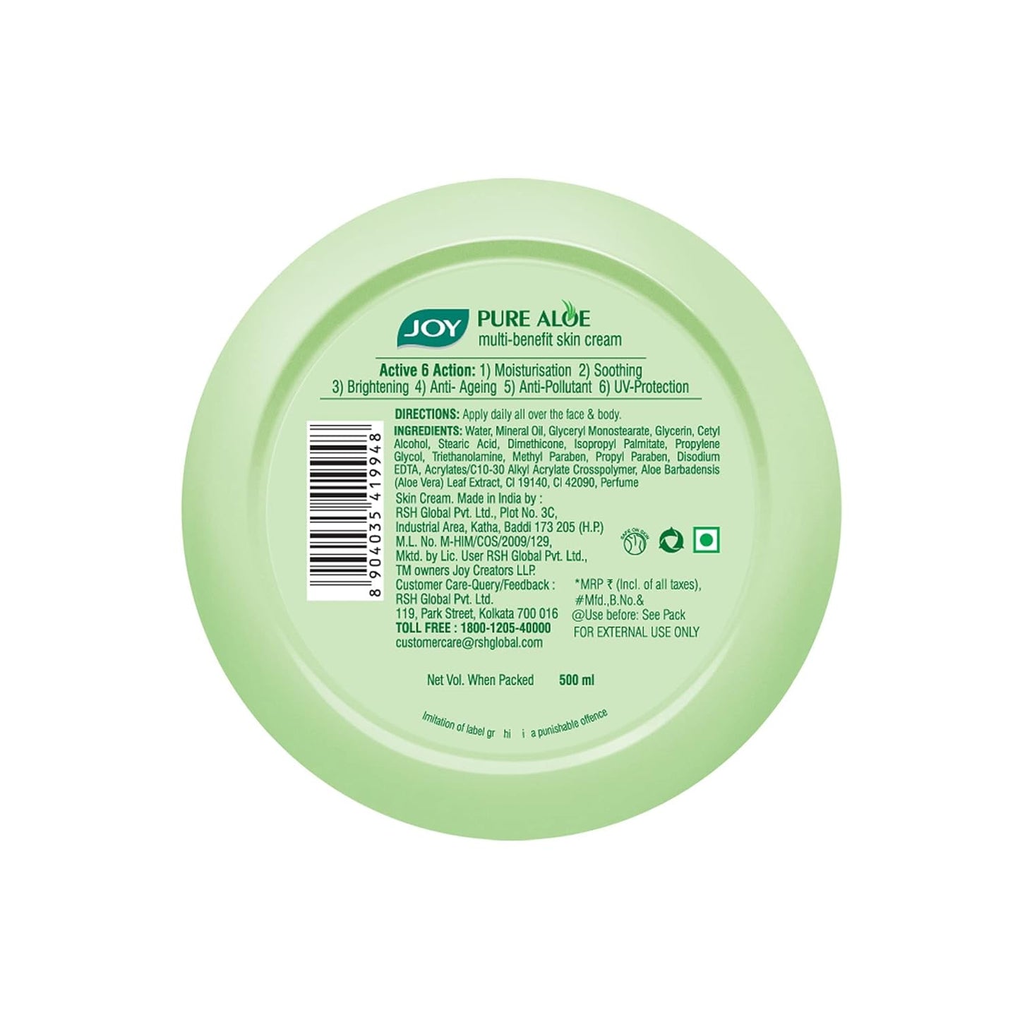 Joy Pure Aloe Light Moisturiser Skin Cream for Face, Hands & Body (500ml) | 48H Hydration | Non-Sticky | Soothing, Brightening & UV Protection | For Dry to Oily Skin