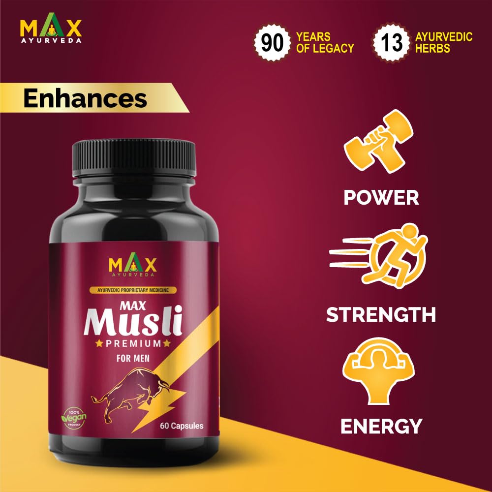 Max Ayurveda Musli Premium Capsules & King Power Ayurvedic Herbal Massage Oil For Men - Combo Pack (30 Capsules + 1 Oil Bottle)