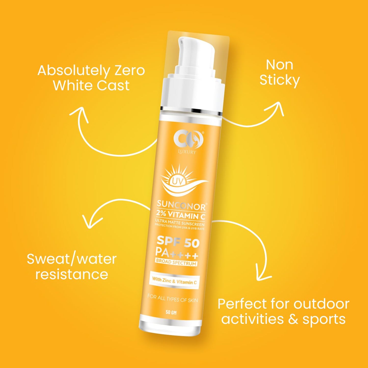 CO LUXURY 2% Vitamin C Sunscreen SPF 50 PA+++ | Water Resistant & Non-Greasy, Broad Spectrum Sunblock with Vitamin C, Zinc Oxide & Glycerine | Matte Finish, UVA/B Sun Protection for Women & Men | 50 gm