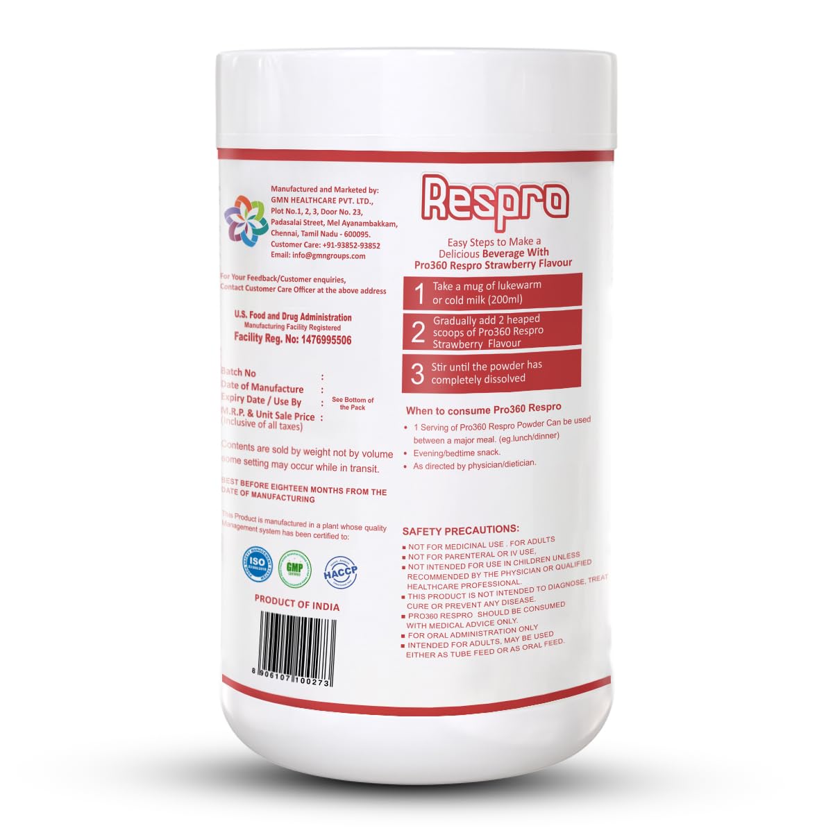 Pro360 Respro Nutritional Protein Supplement Powder with N-Acetyl L-Cysteine (NAC) for Pulmonary Care - Strawberry Flavor - 200g
